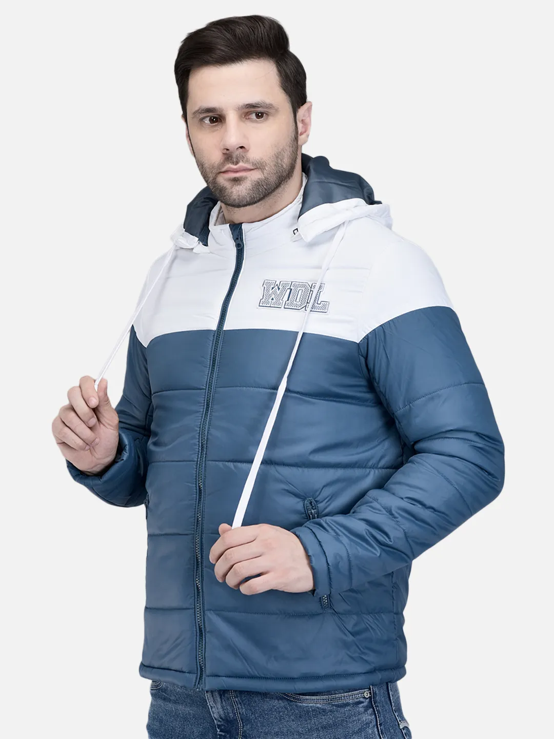 Men Teal/White Polyester Quilted Winter Jacket 2
