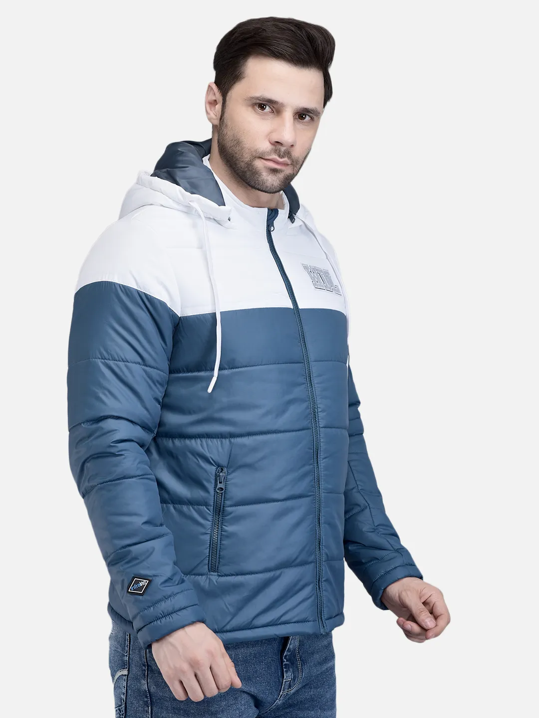 Men Teal/White Polyester Quilted Winter Jacket 3