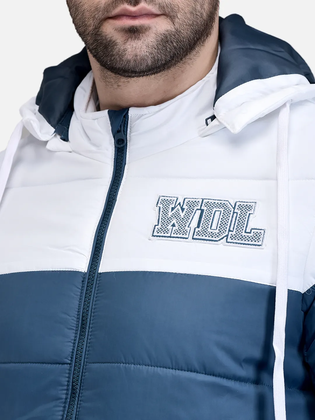 Men Teal/White Polyester Quilted Winter Jacket 4