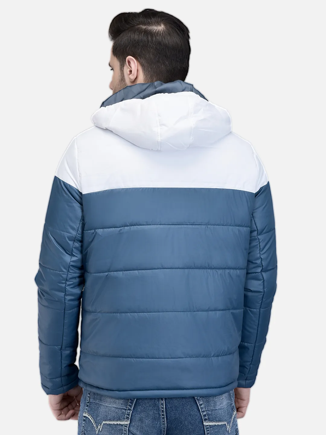 Men Teal/White Polyester Quilted Winter Jacket 6