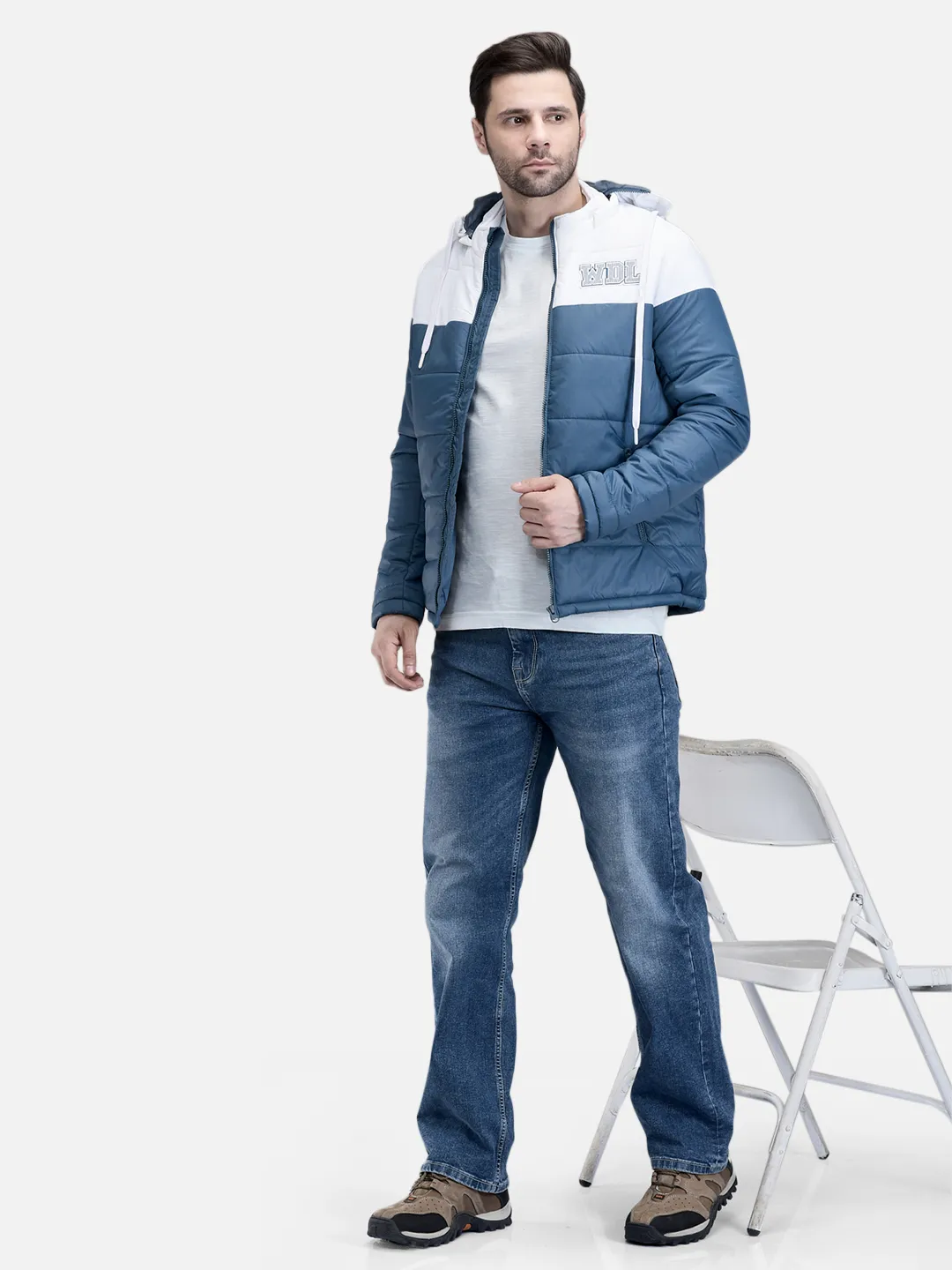 Men Teal/White Polyester Quilted Winter Jacket 7