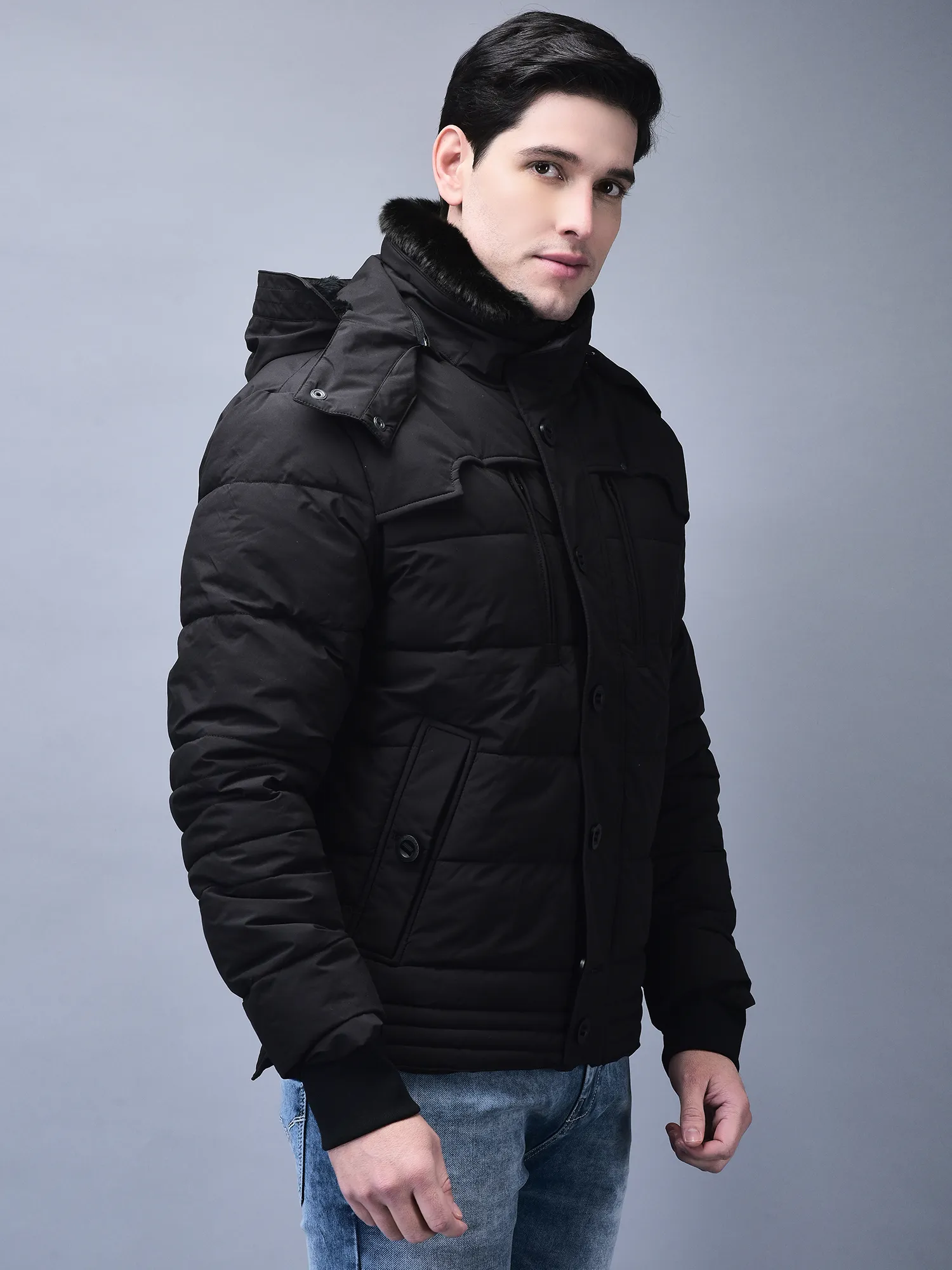 Black jacket for men with hood - Thumbnail 3