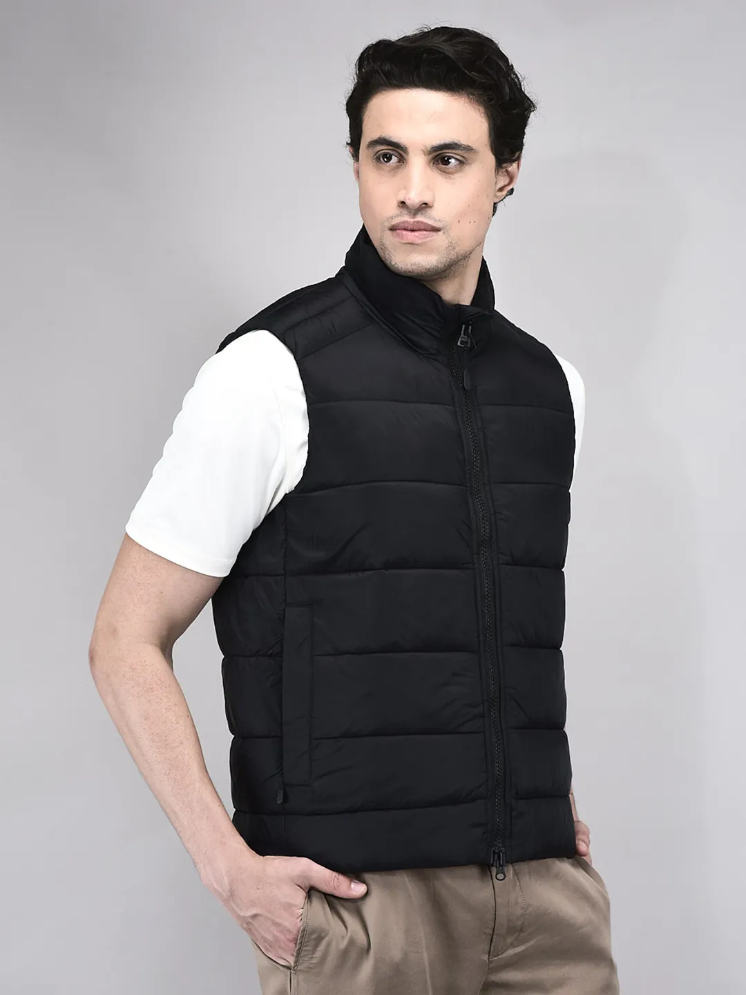 Men Quilted High-Neck Nylon Black Jacket - Thumbnail 2