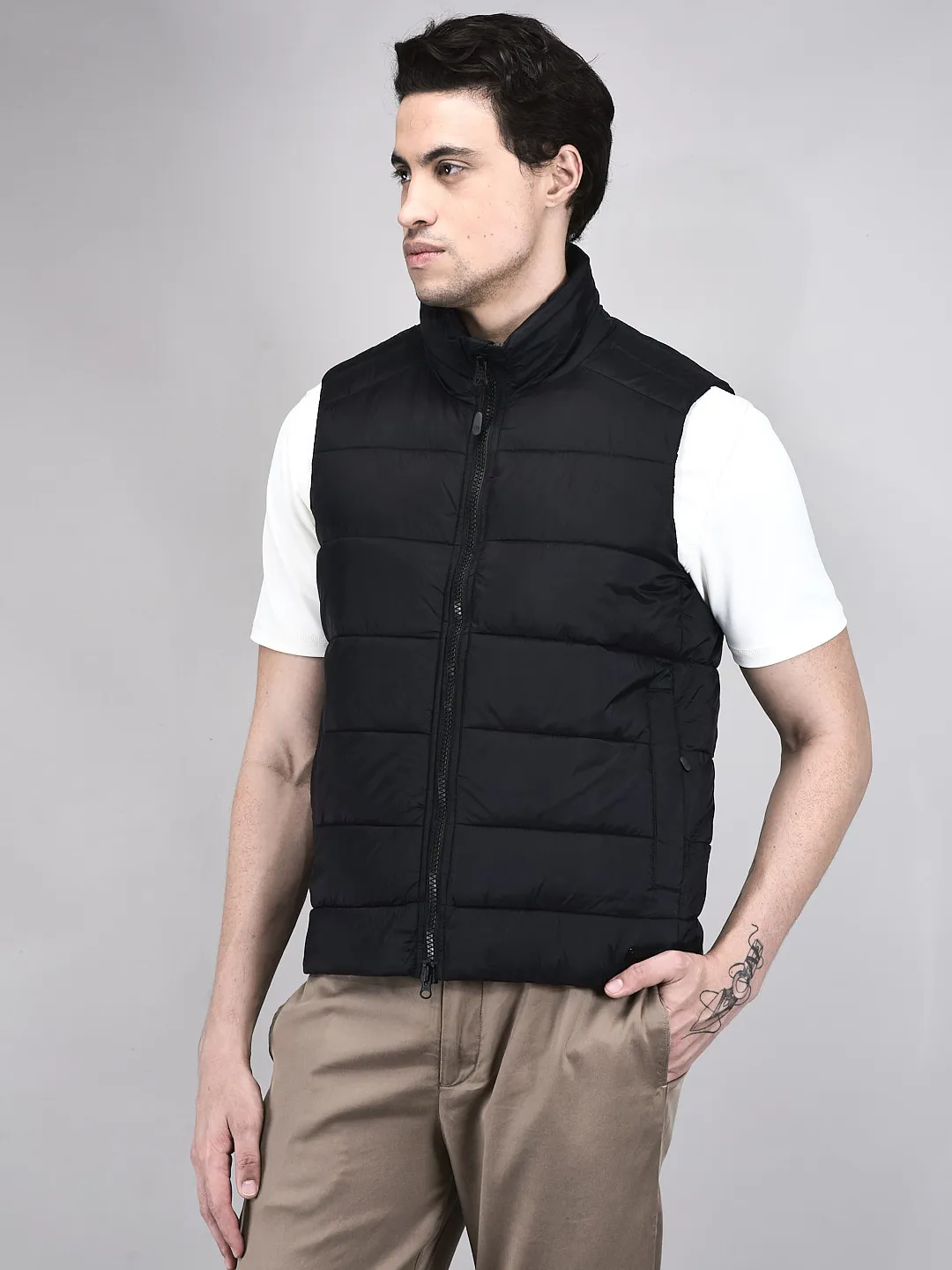 Men Quilted High-Neck Nylon Black Jacket - Thumbnail 3
