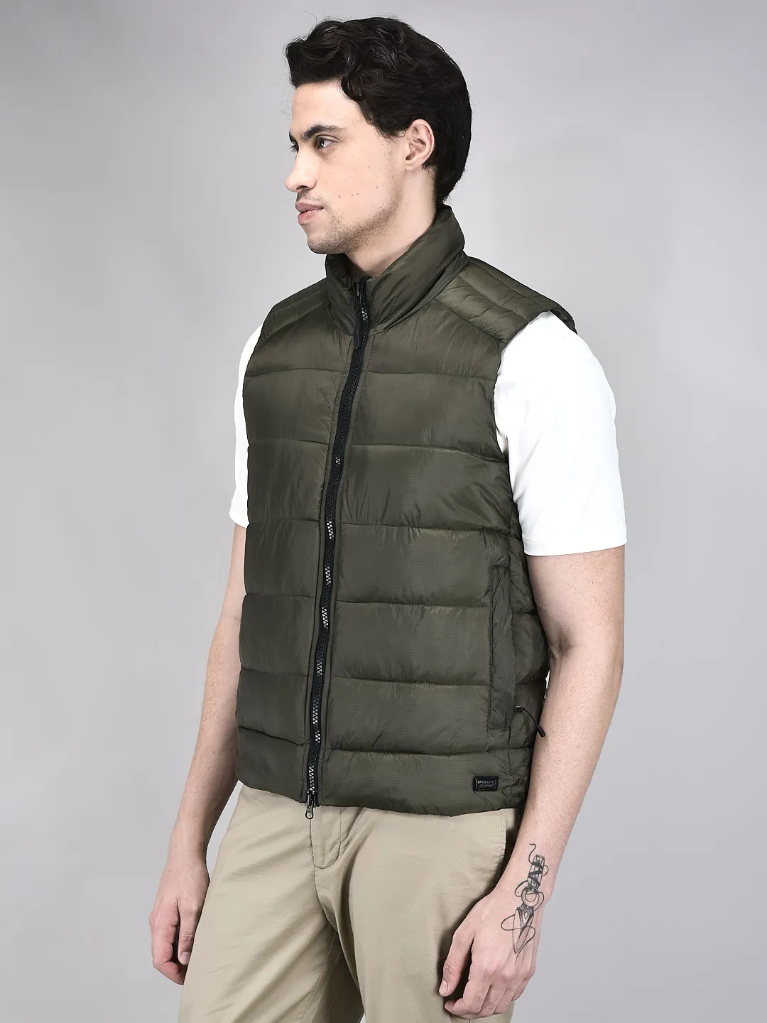Men Quilted High-Neck Nylon Olive Jacket - Thumbnail 2