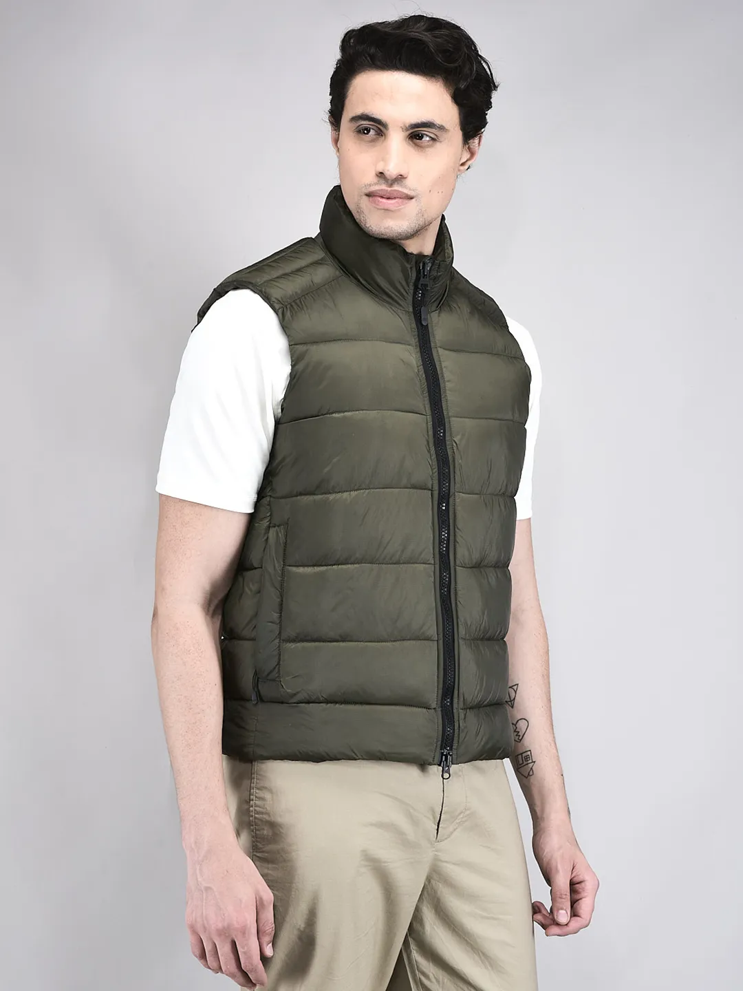 Men Quilted High-Neck Nylon Olive Jacket - Thumbnail 3