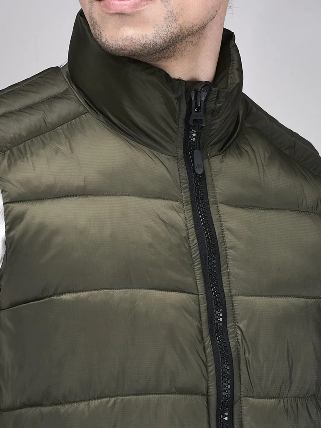 Men Quilted High-Neck Nylon Olive Jacket - Thumbnail 4