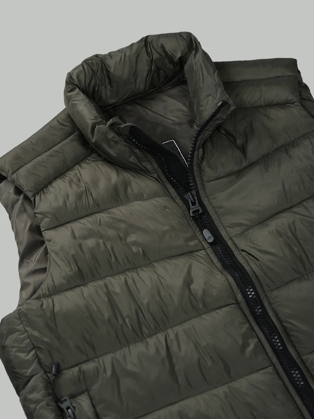 Men Quilted High-Neck Nylon Olive Jacket - Thumbnail 5