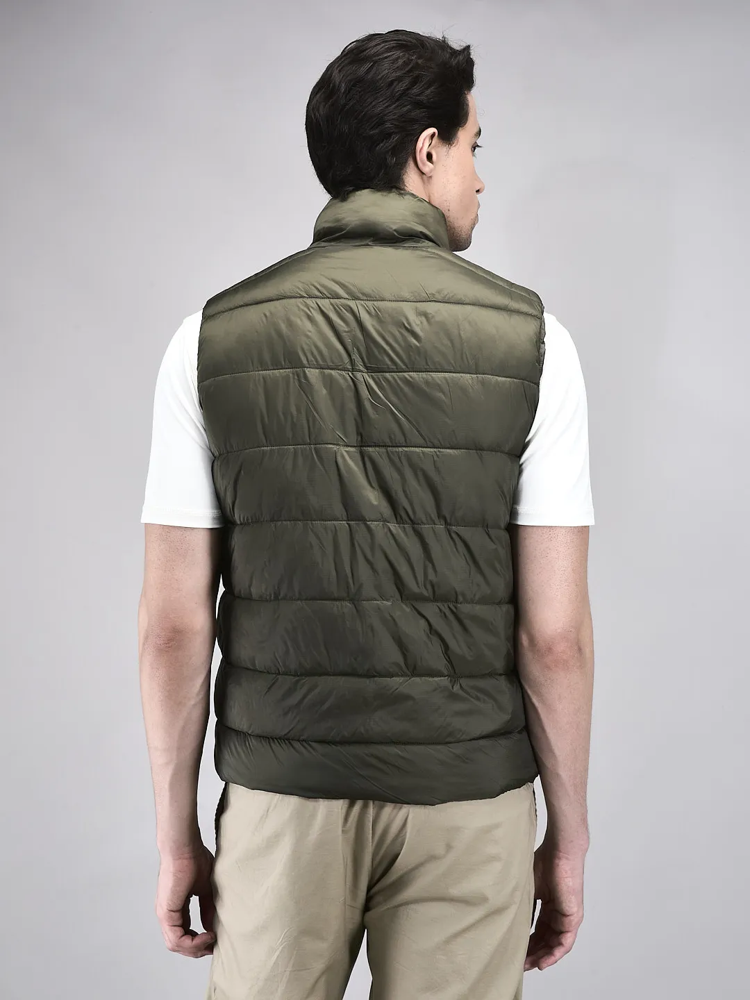 Men Quilted High-Neck Nylon Olive Jacket - Thumbnail 6