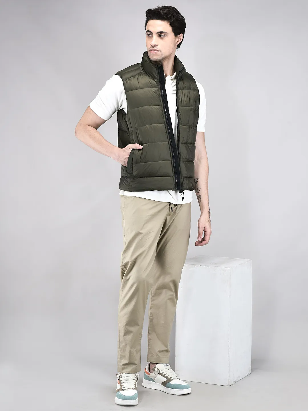Men Quilted High-Neck Nylon Olive Jacket - Thumbnail 7