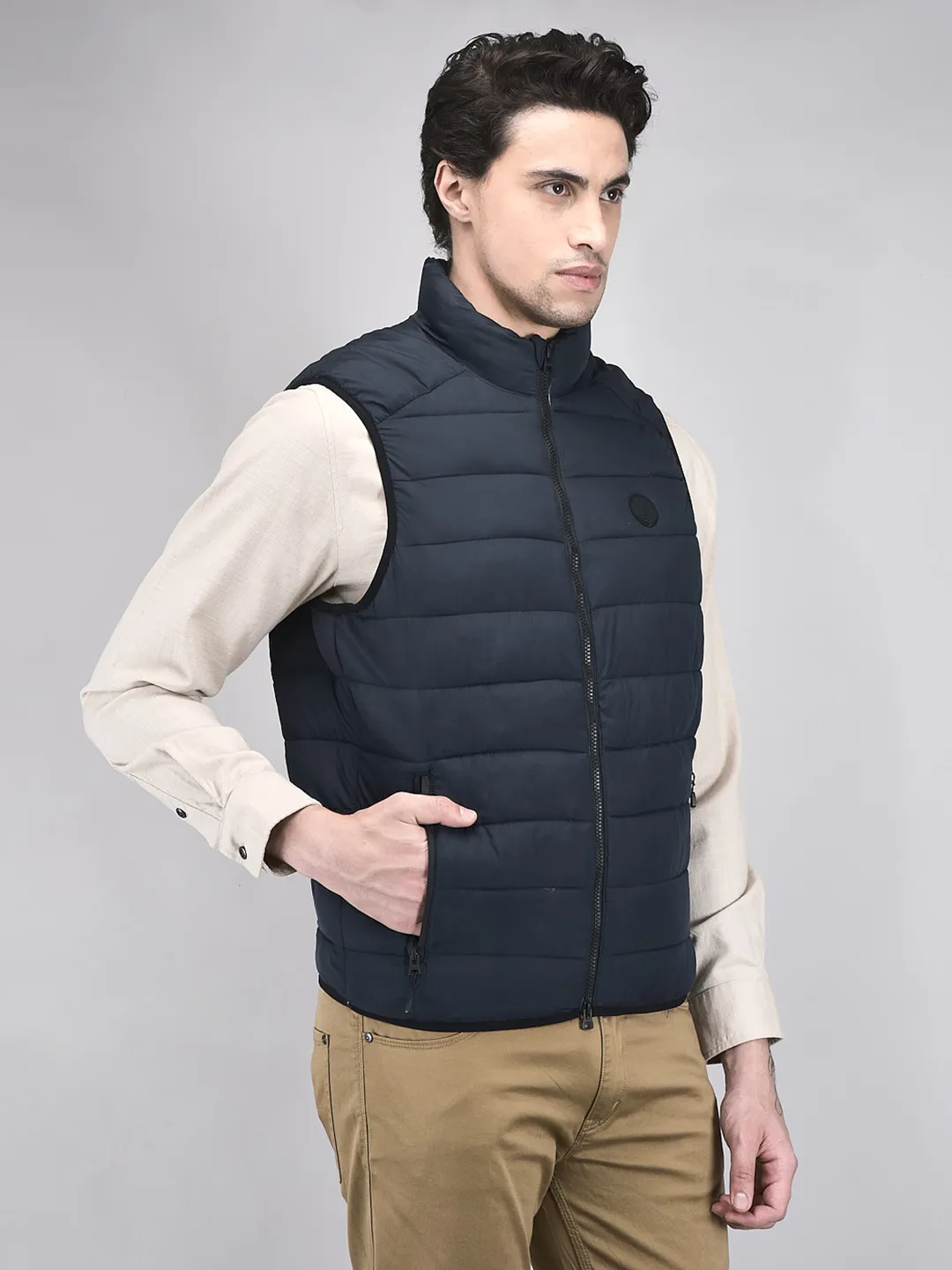 Woods Men Quilted High-Neck Dnavy Polyester Jacket - Thumbnail 2