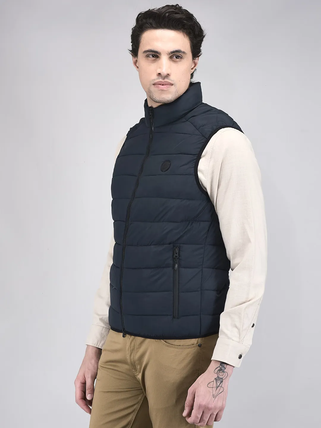 Woods Men Quilted High-Neck Dnavy Polyester Jacket - Thumbnail 3