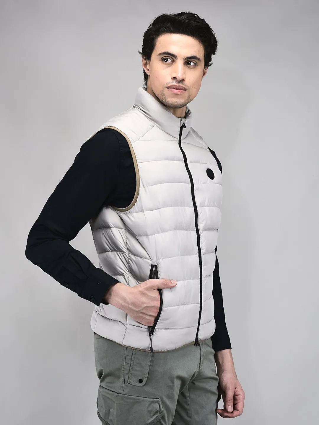 Woods Men Quilted High-Neck Silver Grey Polyester Jacket - Thumbnail 2