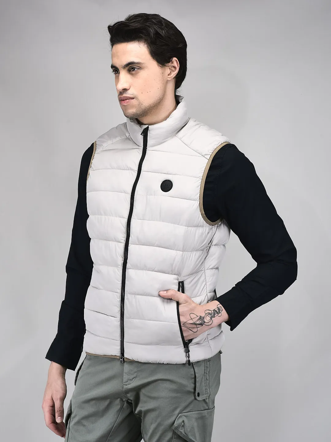 Woods Men Quilted High-Neck Silver Grey Polyester Jacket - Thumbnail 3
