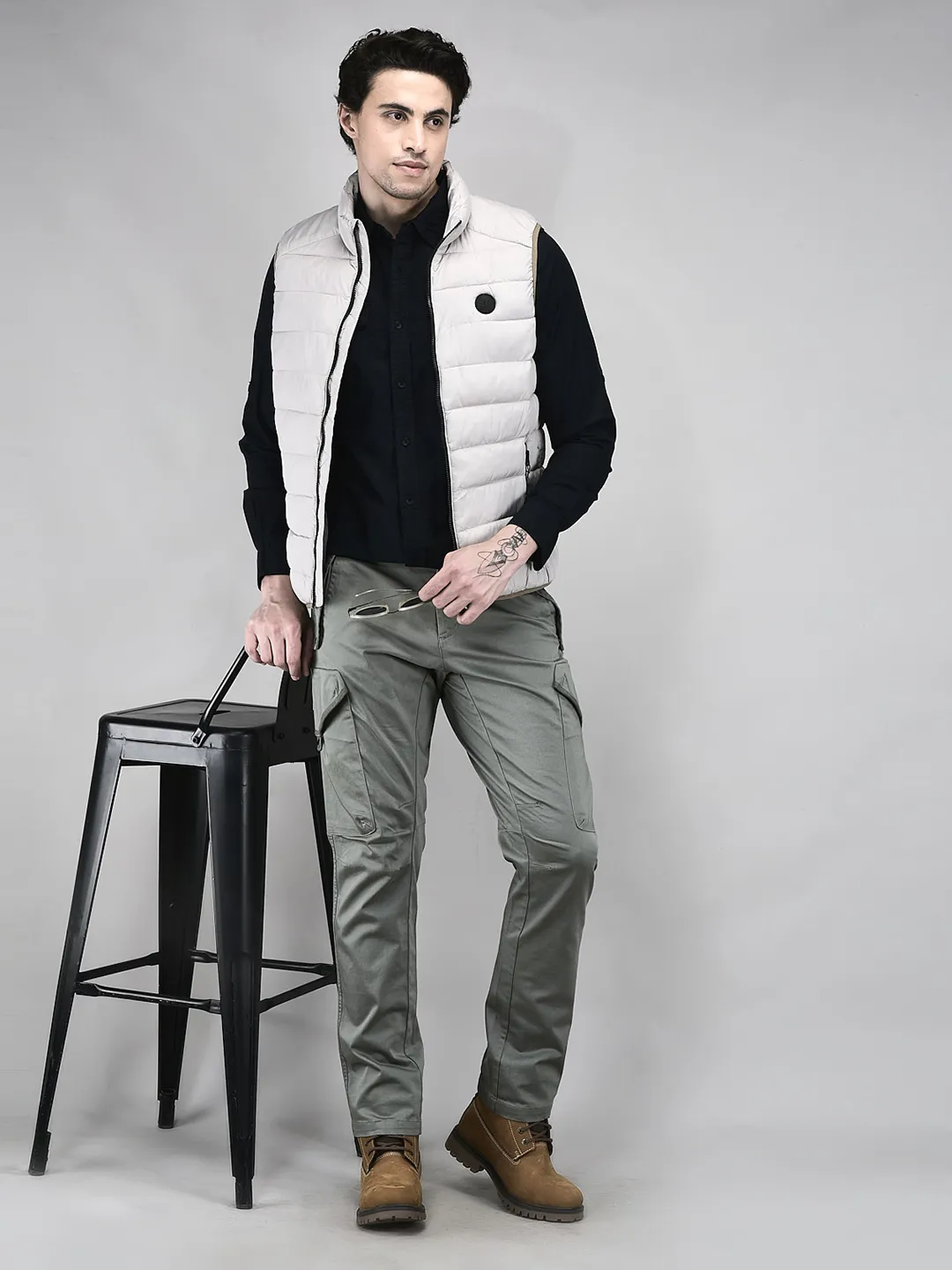 Woods Men Quilted High-Neck Silver Grey Polyester Jacket - Thumbnail 7