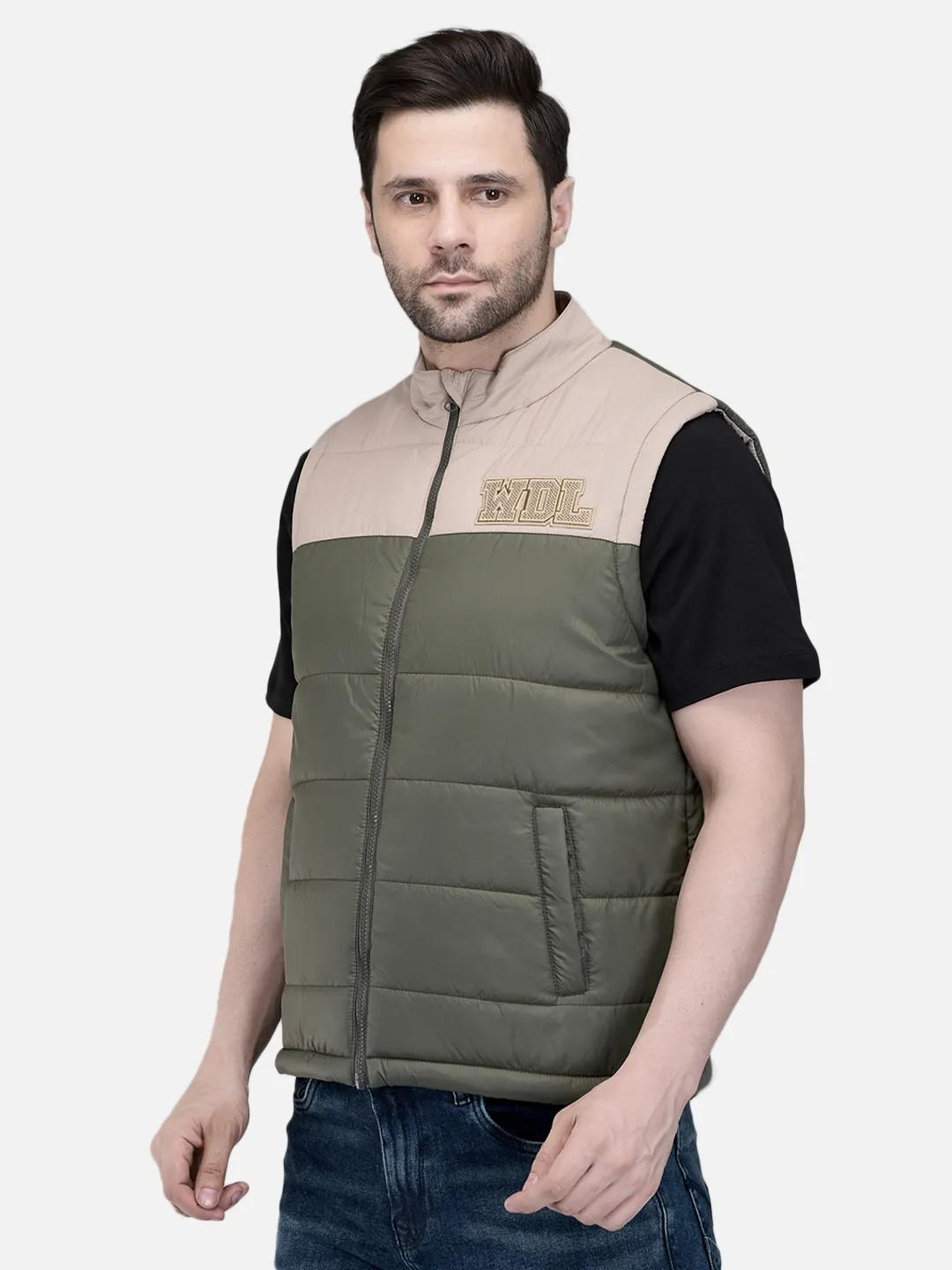 Men Olive/Beige Quilted Sleeveless Puffer Jacket
 2