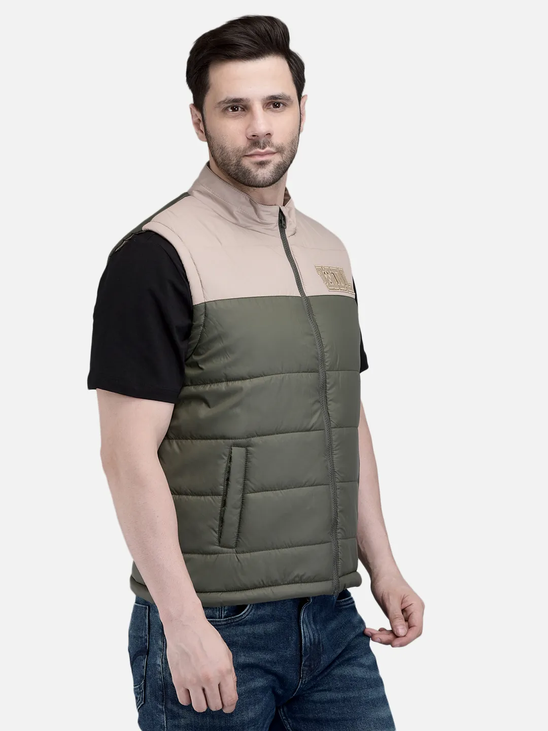 Men Olive/Beige Quilted Sleeveless Puffer Jacket
 3