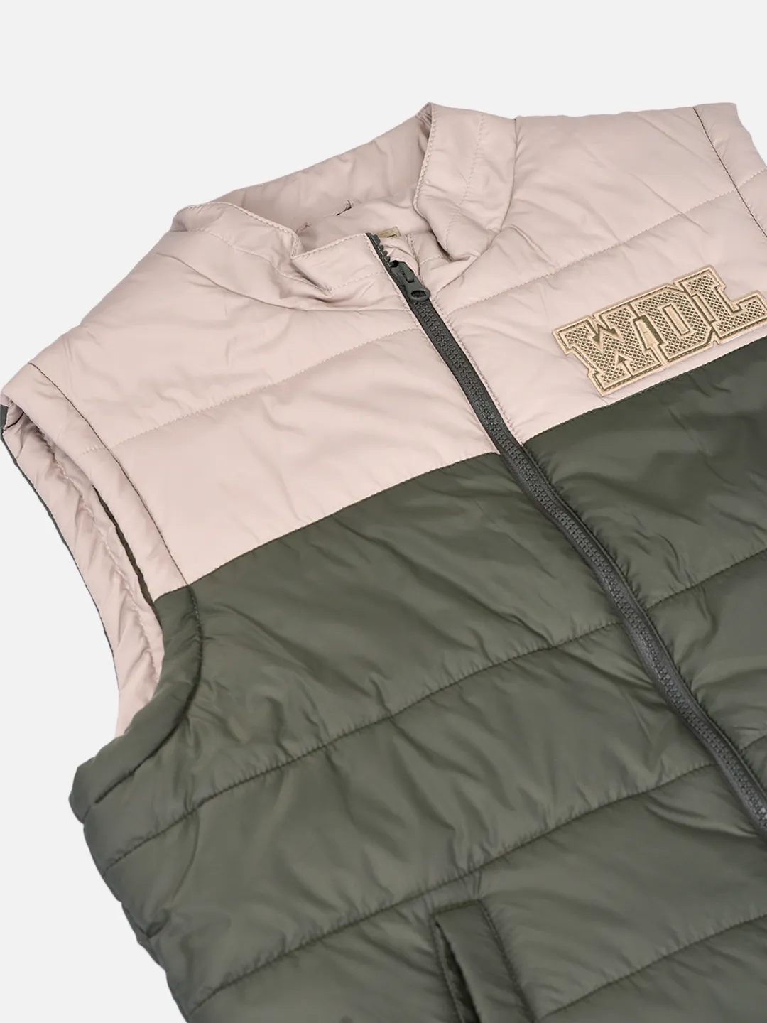 Men Olive/Beige Quilted Sleeveless Puffer Jacket
 5