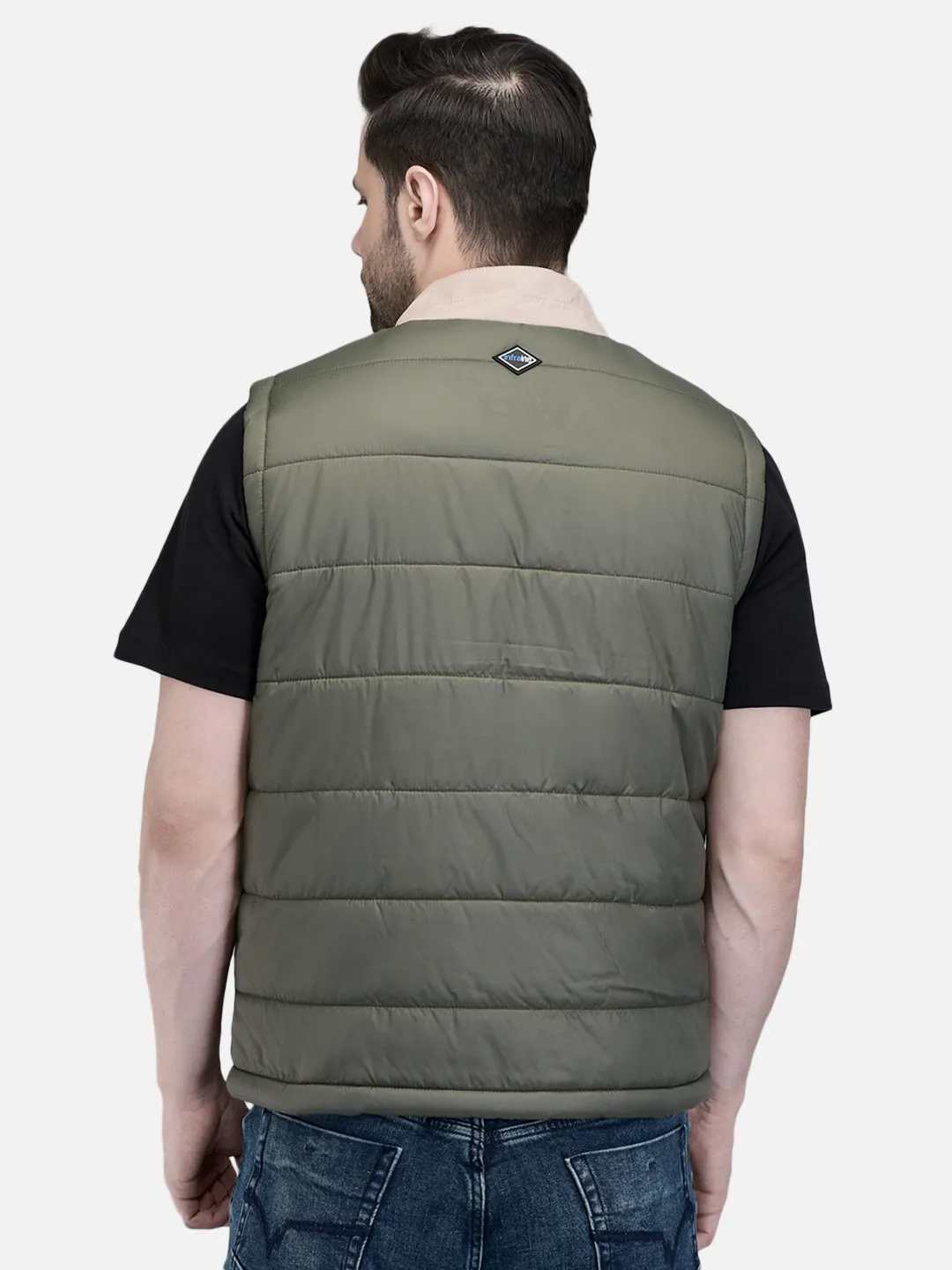 Men Olive/Beige Quilted Sleeveless Puffer Jacket
 6