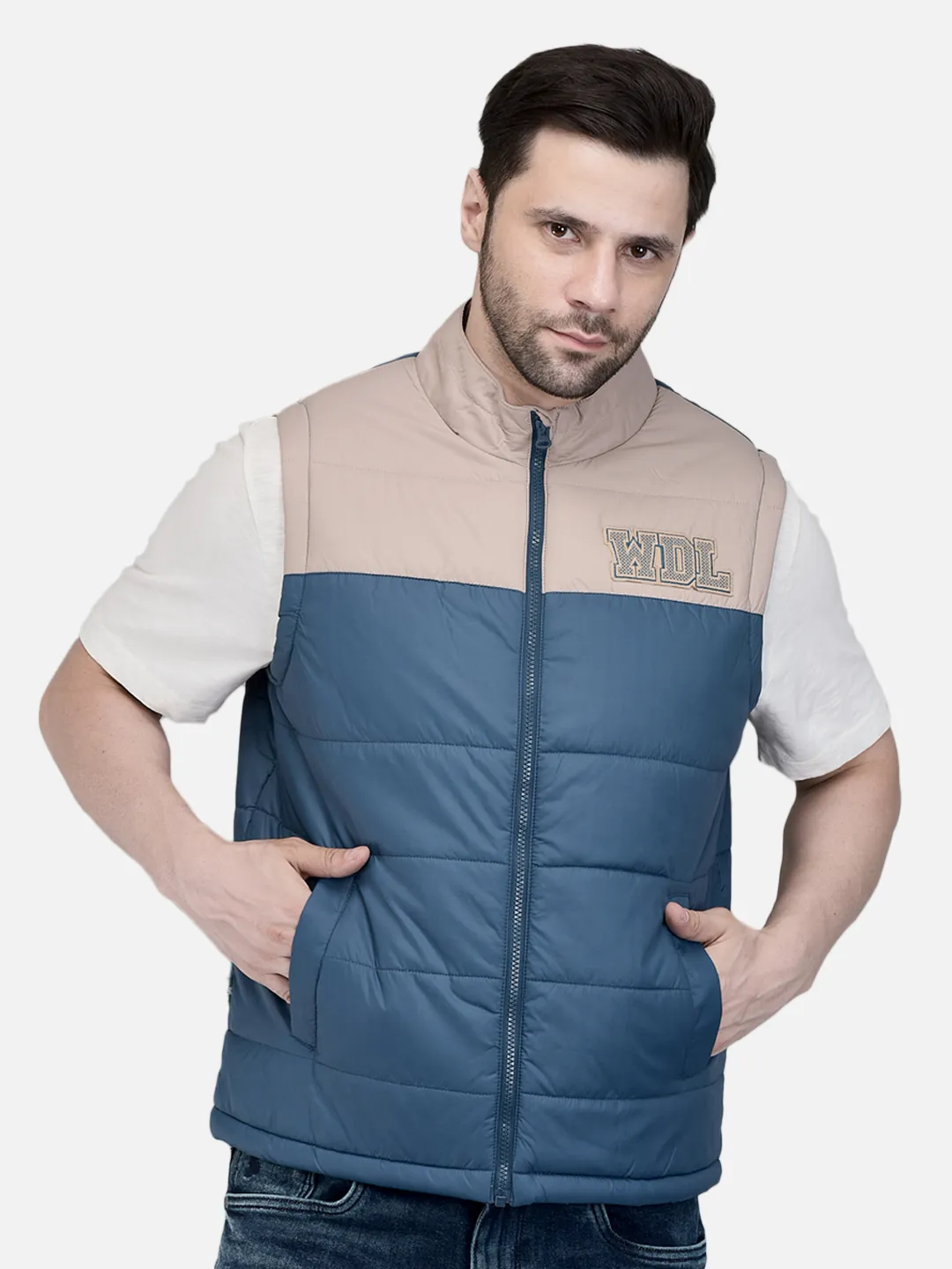 Men Teal/Beige Quilted Sleeveless Puffer Jacket
