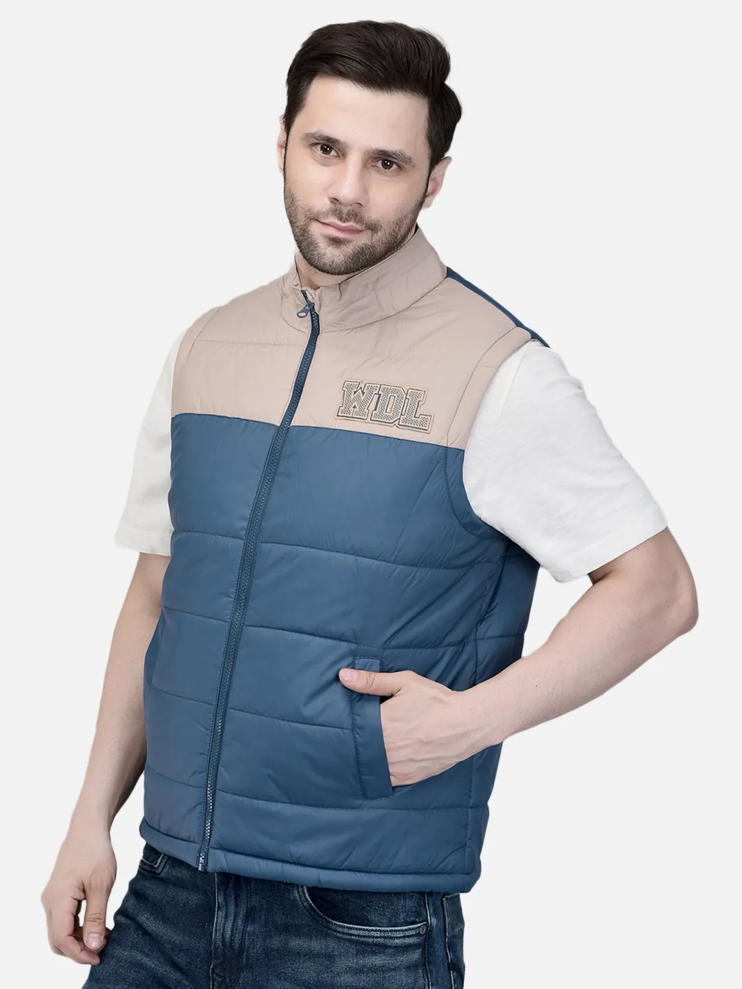 Men Teal/Beige Quilted Sleeveless Puffer Jacket
 2