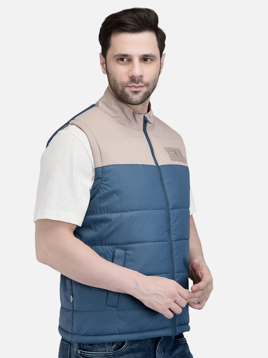 Men Teal/Beige Quilted Sleeveless Puffer Jacket
 3