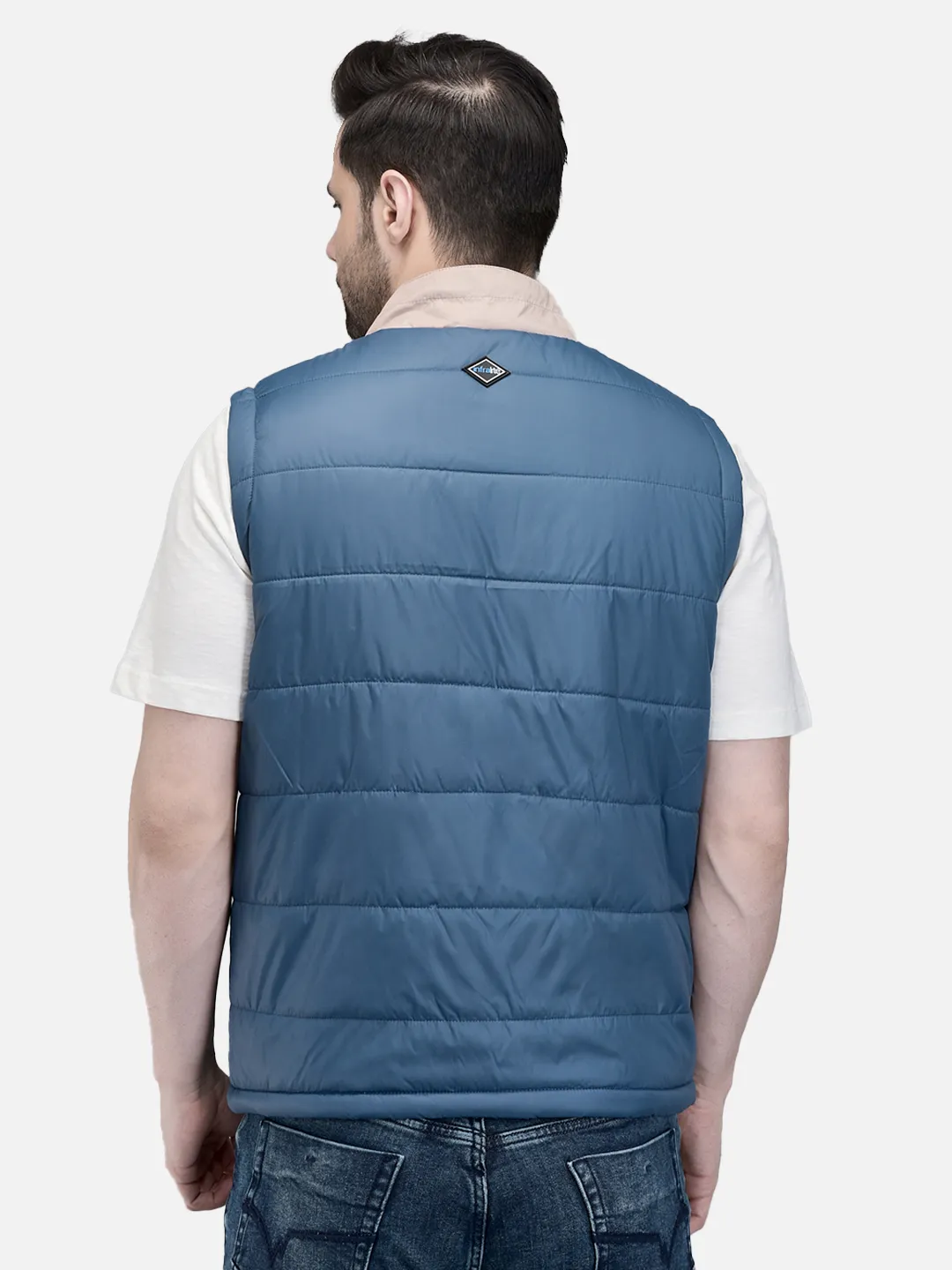 Men Teal/Beige Quilted Sleeveless Puffer Jacket
 6