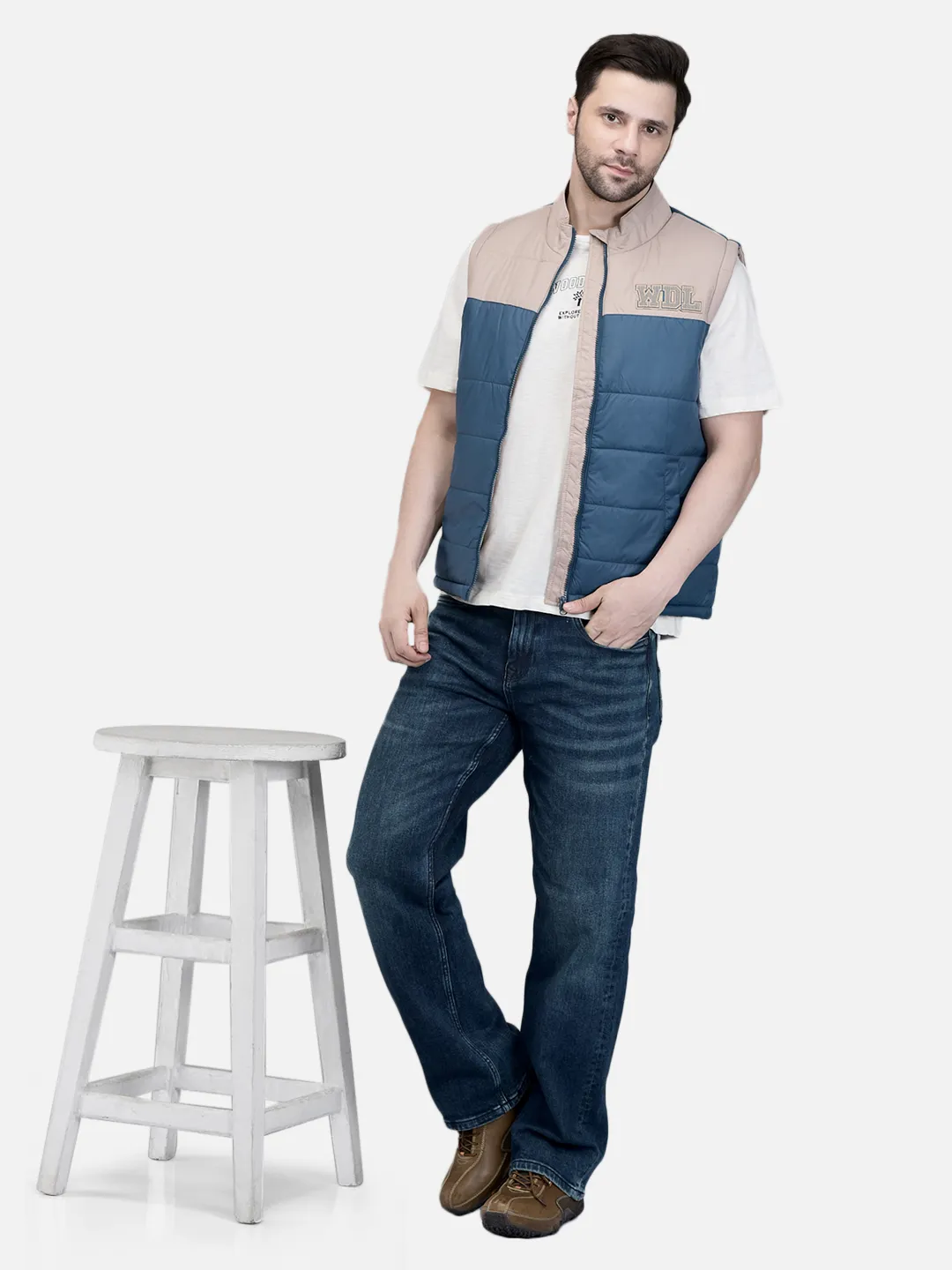 Men Teal/Beige Quilted Sleeveless Puffer Jacket
 7