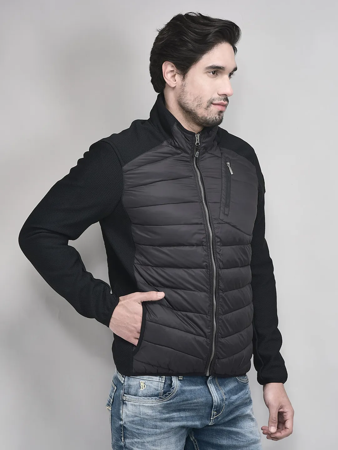 Nylon Men  Black Front Open Jacket - Thumbnail 2