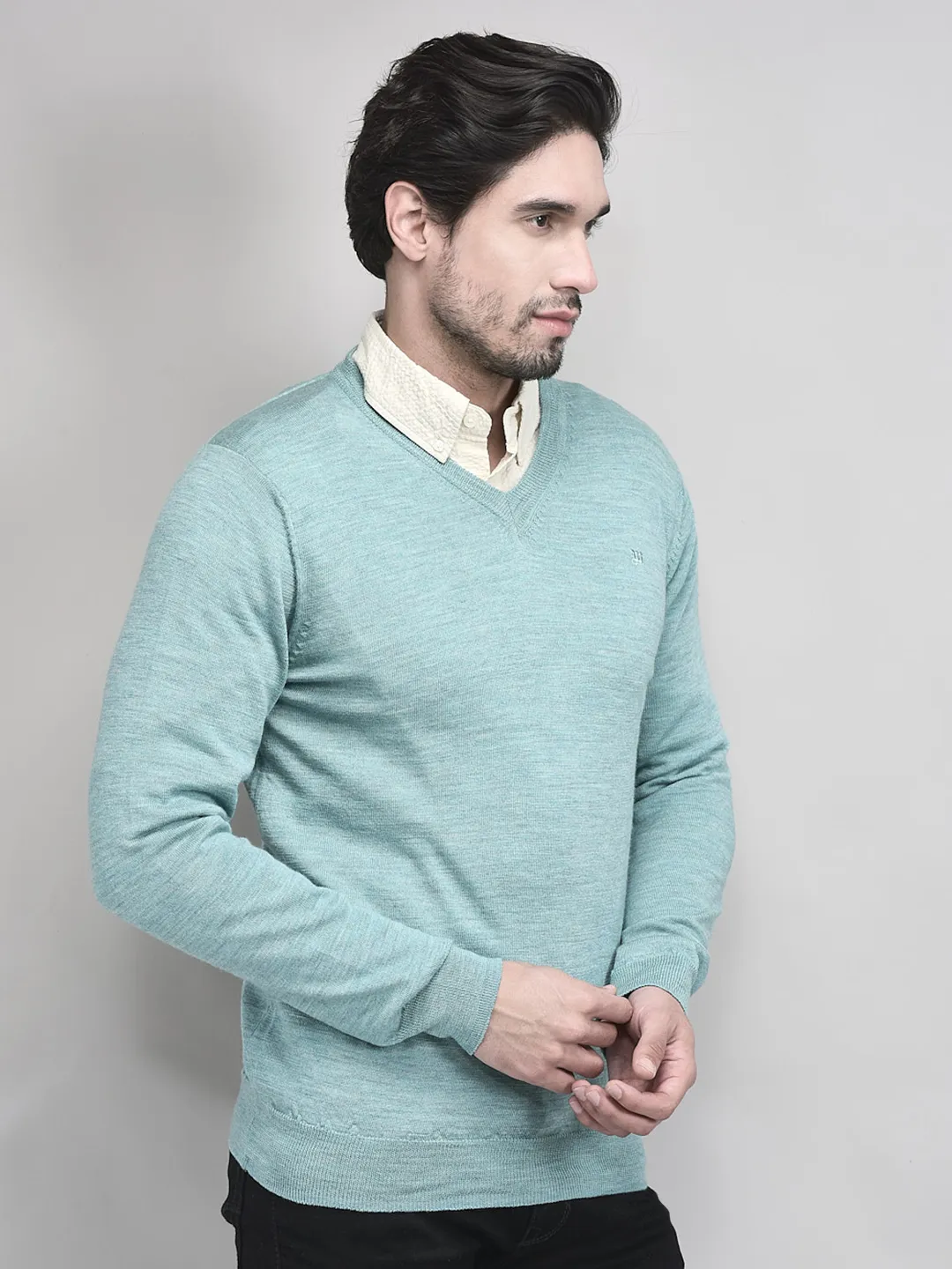 Woods Sea Green V Neck Pullover For Men - Thumbnail 2