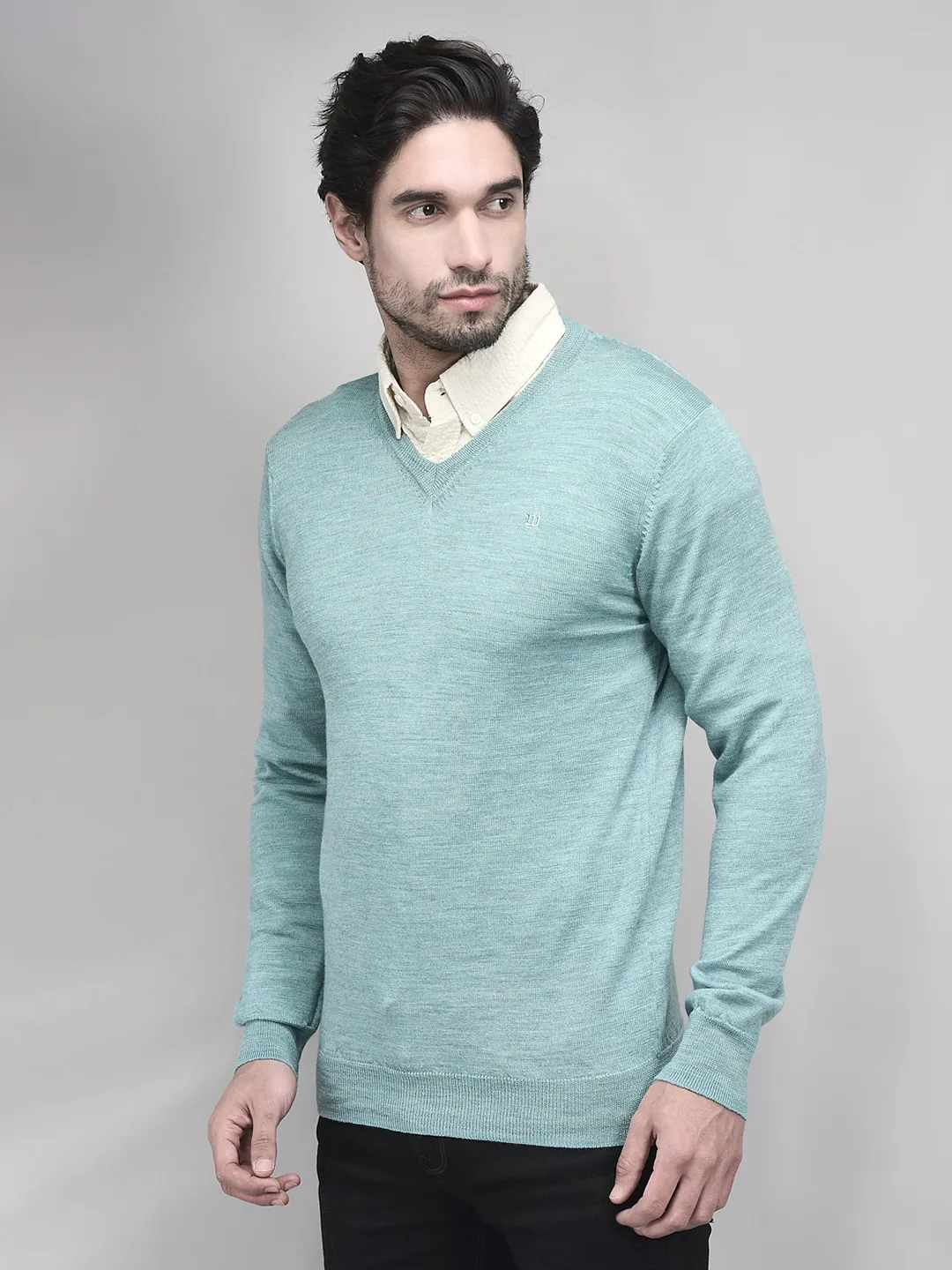 Woods Sea Green V Neck Pullover For Men - Thumbnail 3