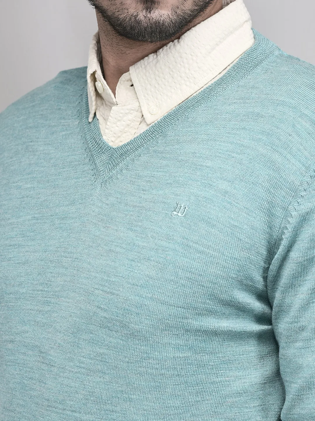 Woods Sea Green V Neck Pullover For Men - Thumbnail 4