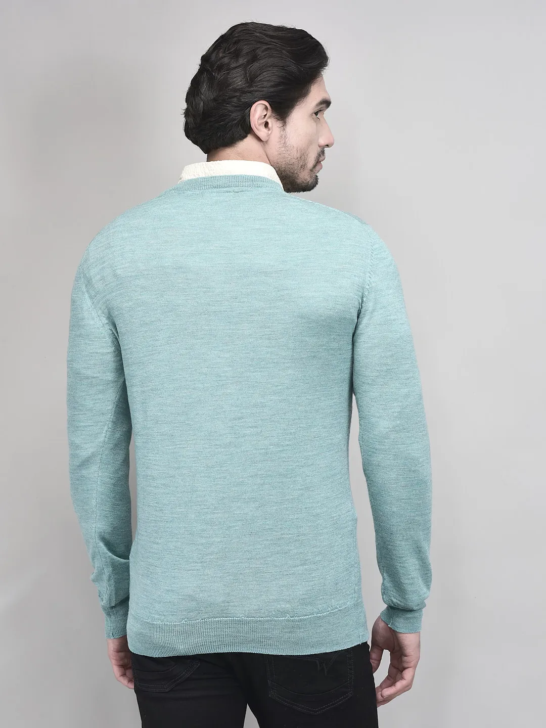 Woods Sea Green V Neck Pullover For Men - Thumbnail 6