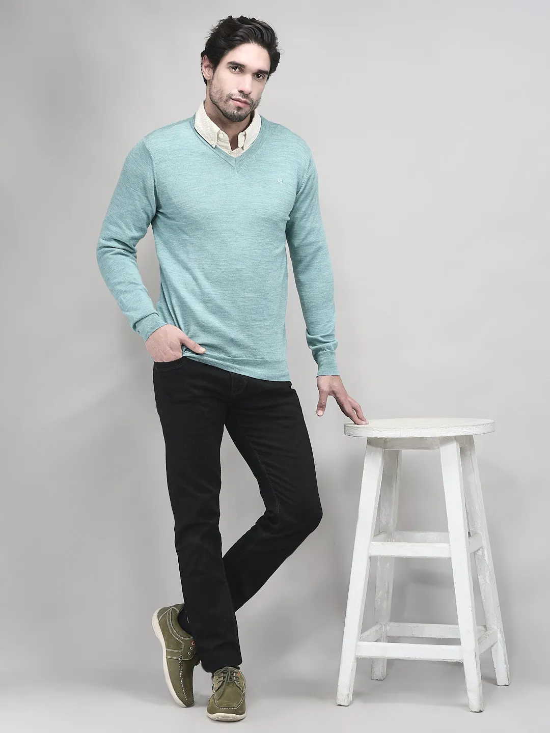 Woods Sea Green V Neck Pullover For Men - Thumbnail 7