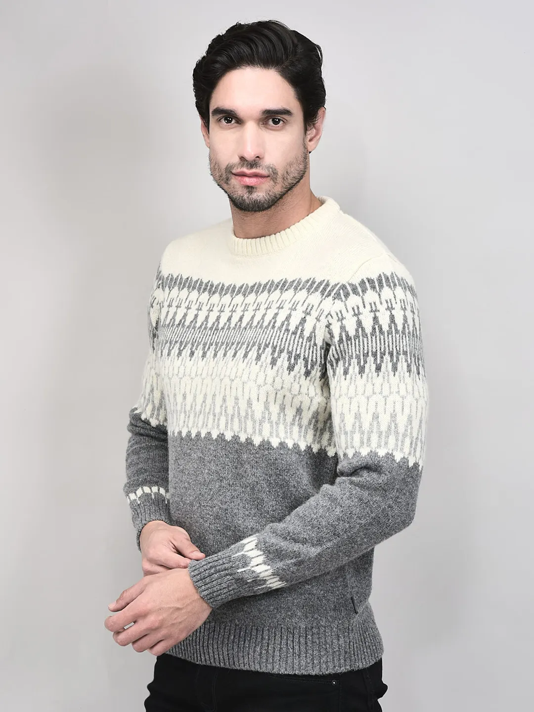 Grey Multicolor Woolen Jacquard Pullover - Thumbnail 2