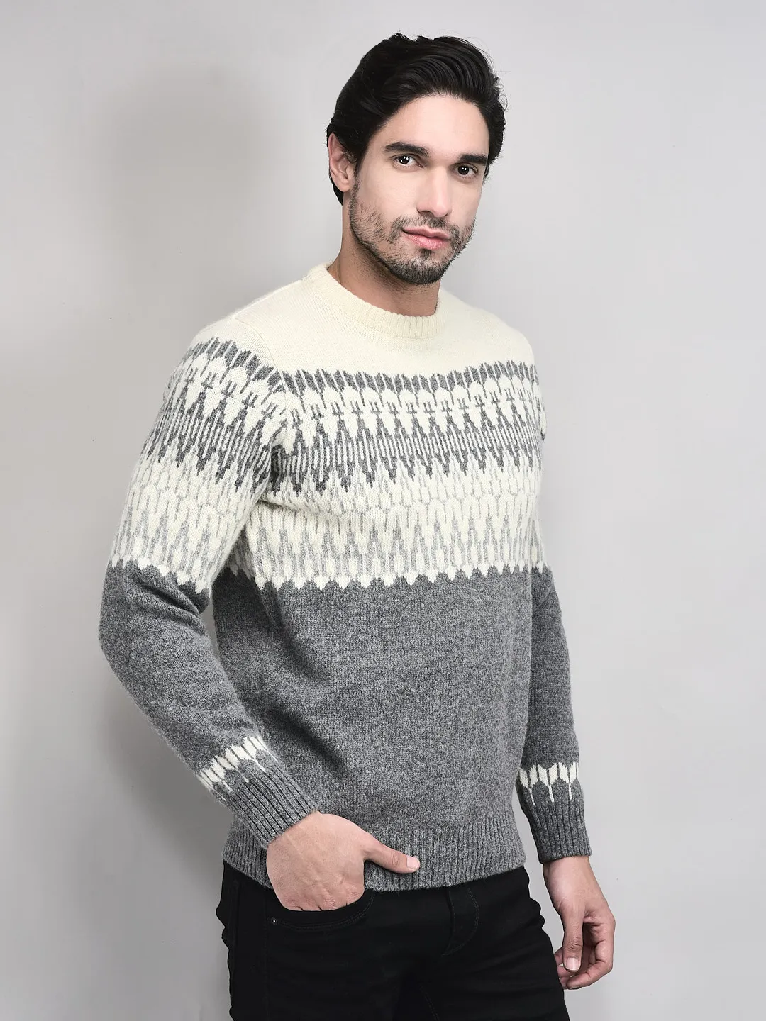 Grey Multicolor Woolen Jacquard Pullover - Thumbnail 3