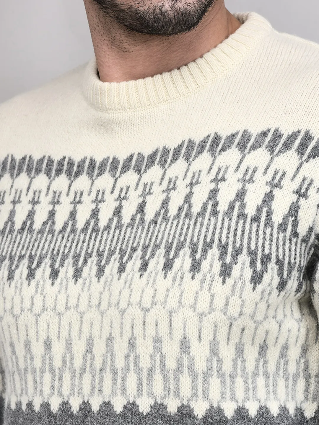 Grey Multicolor Woolen Jacquard Pullover - Thumbnail 4