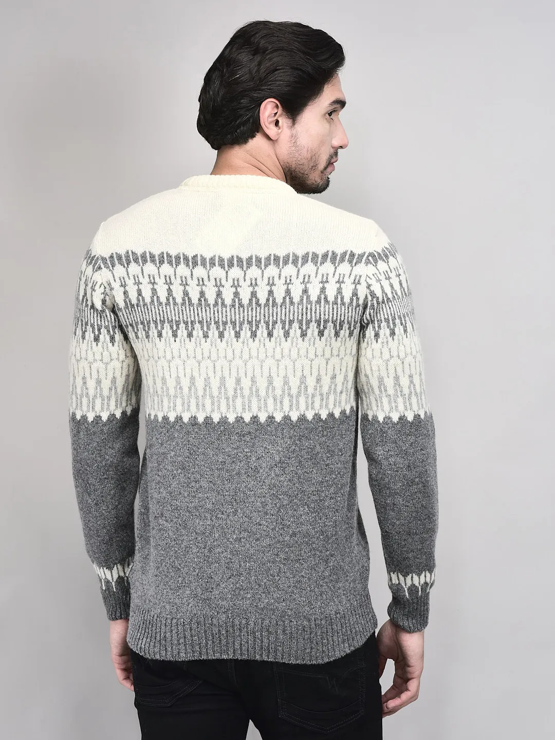 Grey Multicolor Woolen Jacquard Pullover - Thumbnail 6