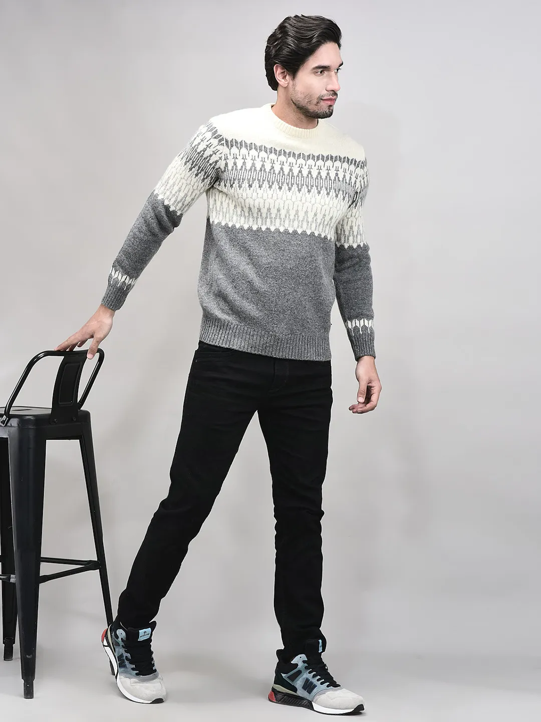 Grey Multicolor Woolen Jacquard Pullover - Thumbnail 7