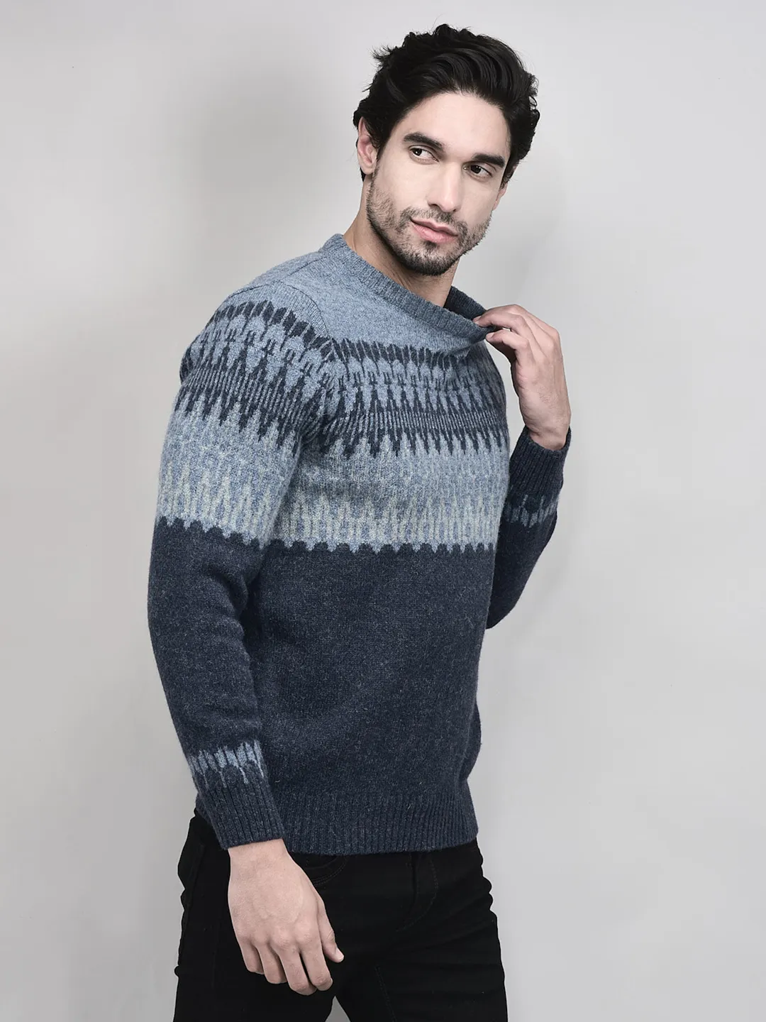 Navy Multicolor Woolen Jacquard Pullover - Thumbnail 2