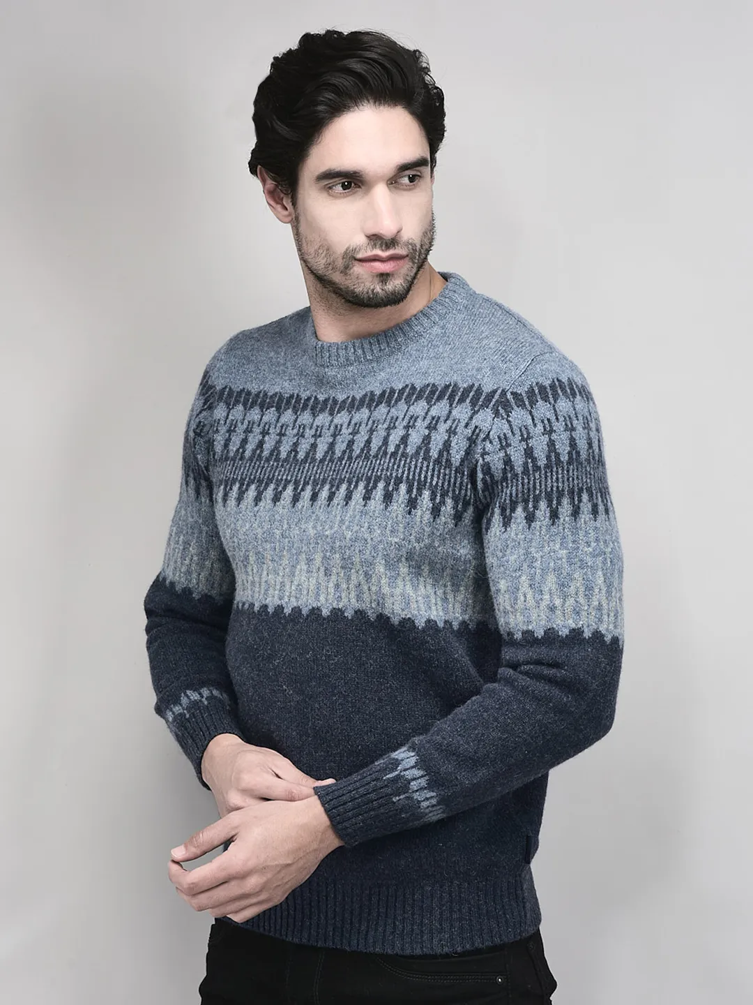 Navy Multicolor Woolen Jacquard Pullover - Thumbnail 3