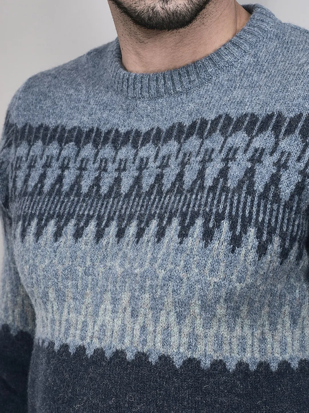 Navy Multicolor Woolen Jacquard Pullover - Thumbnail 4