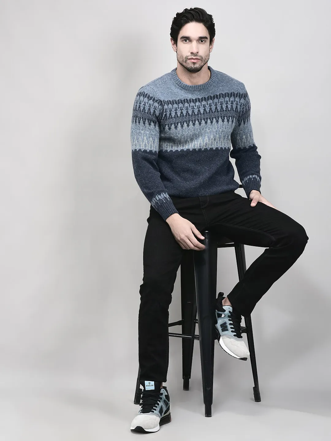 Navy Multicolor Woolen Jacquard Pullover - Thumbnail 7