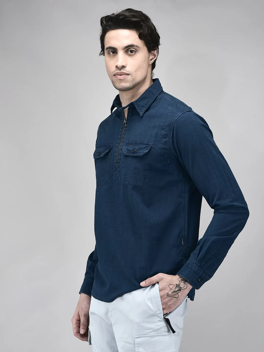 Woodland Men Indigo Cotton Half-Zip Casual Shirt - Thumbnail 2