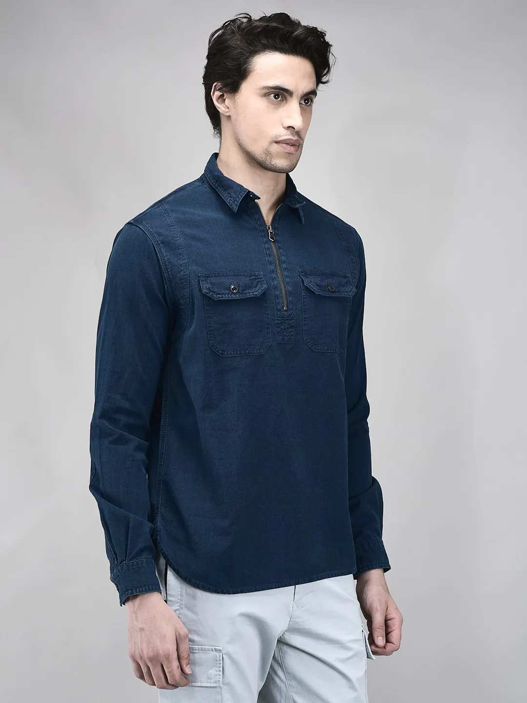 Woodland Men Indigo Cotton Half-Zip Casual Shirt - Thumbnail 3