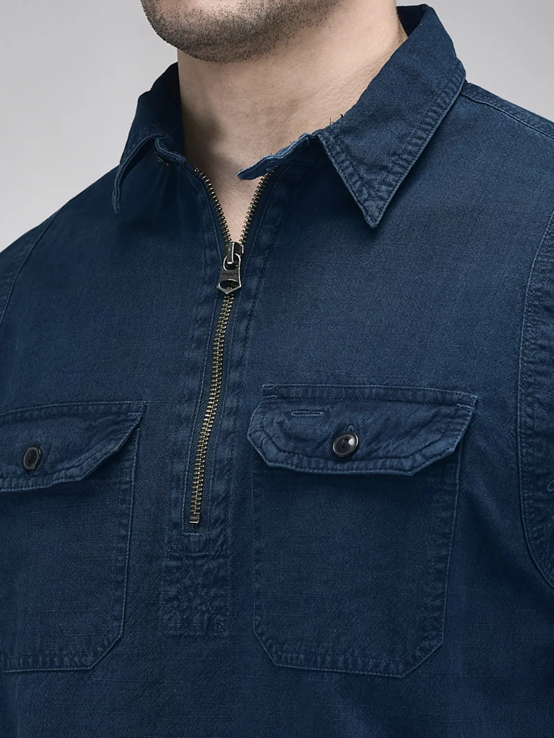 Woodland Men Indigo Cotton Half-Zip Casual Shirt - Thumbnail 4