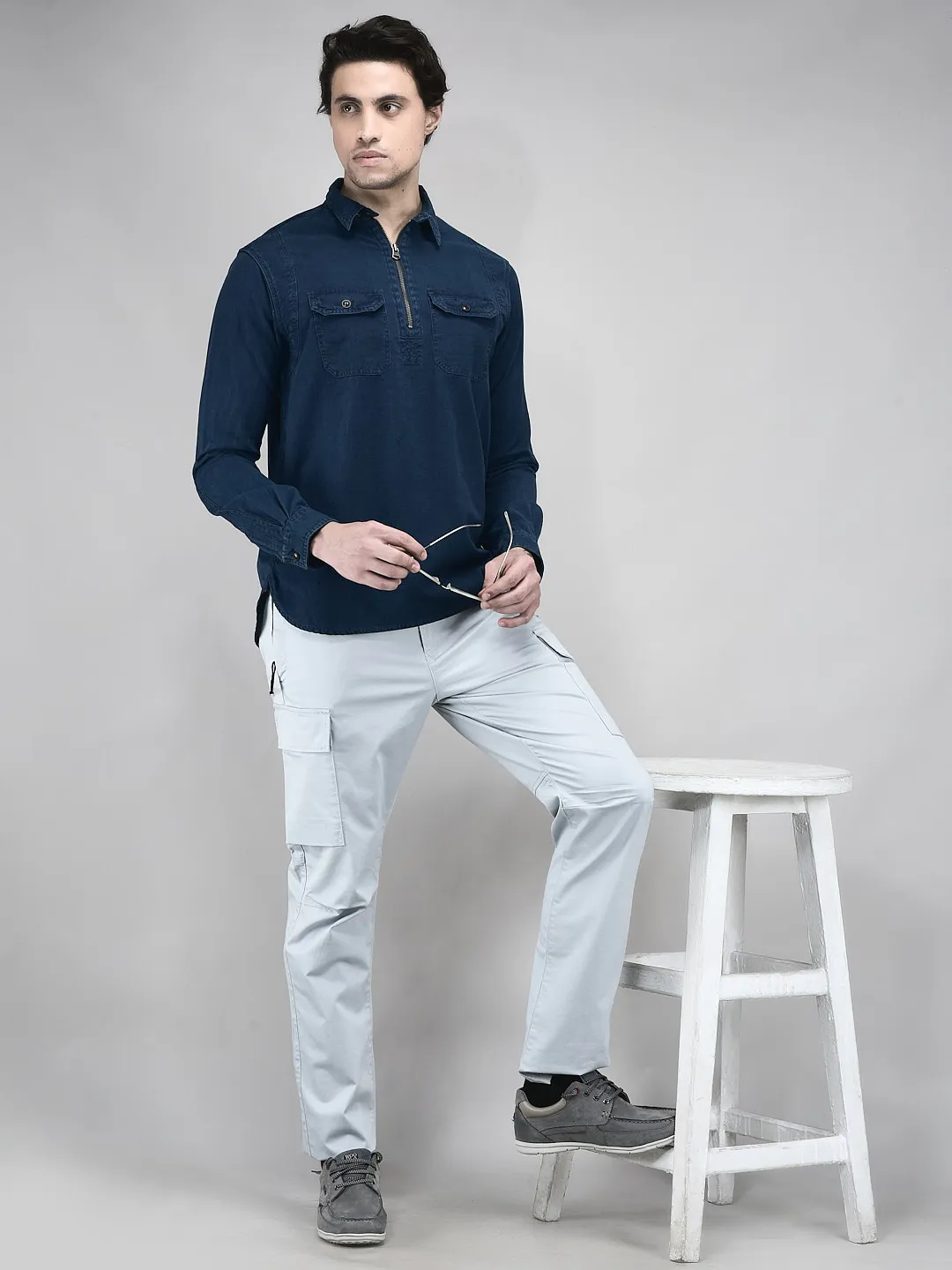Woodland Men Indigo Cotton Half-Zip Casual Shirt - Thumbnail 7