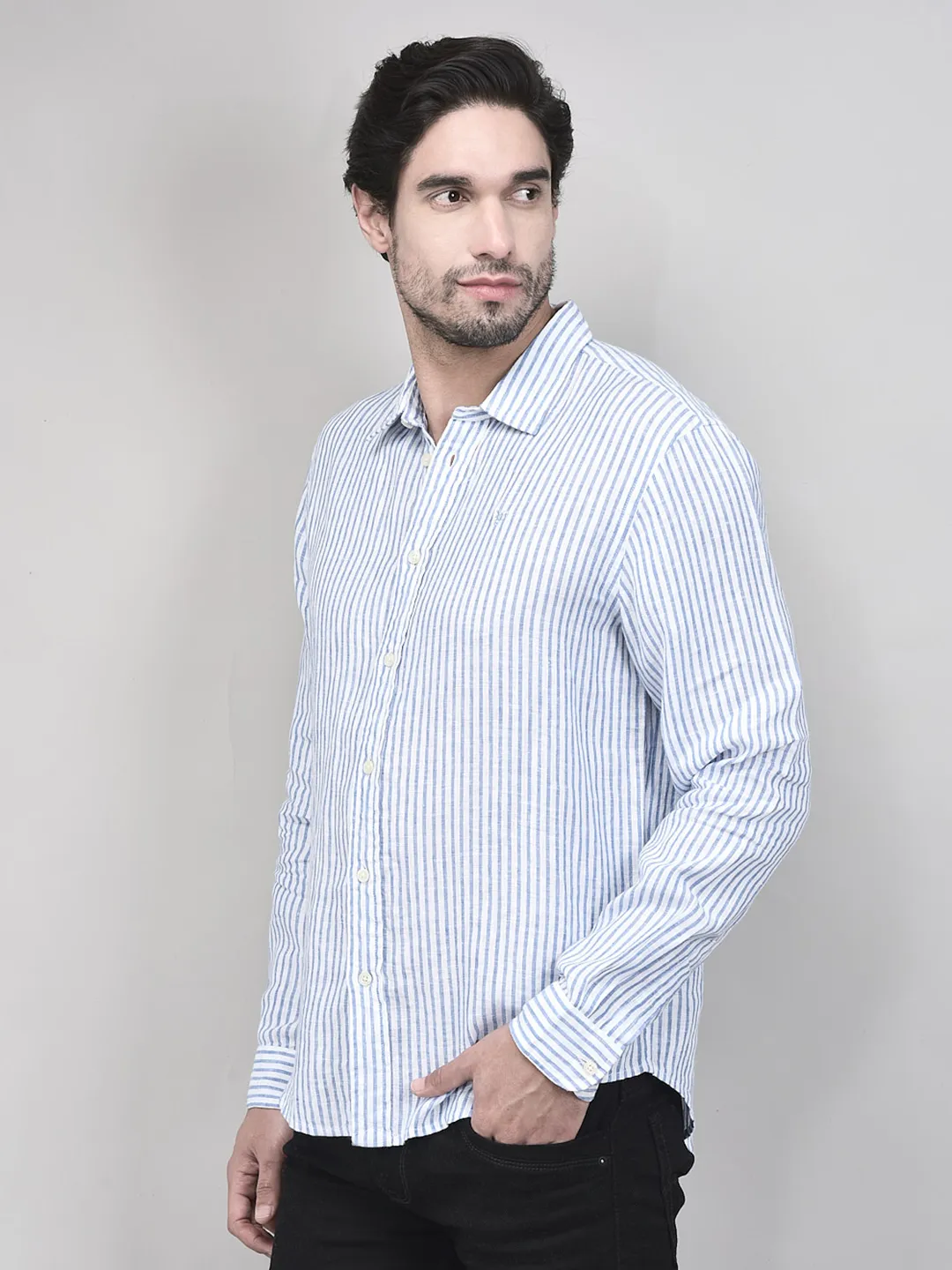 Woods Men Linen Blue White Shirt - Thumbnail 2