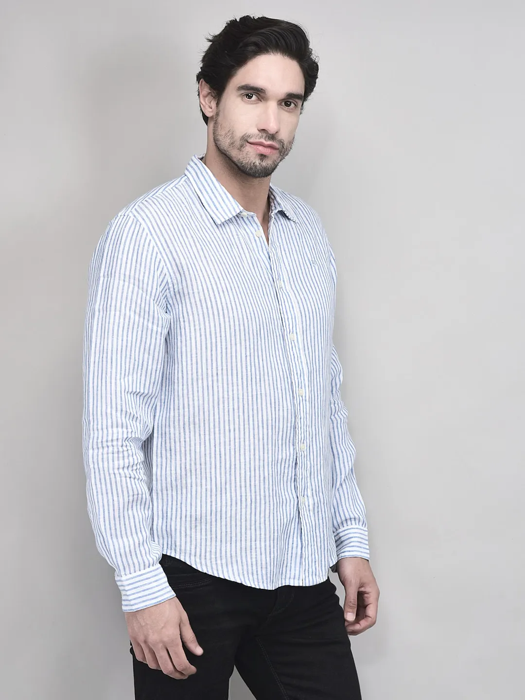 Woods Men Linen Blue White Shirt - Thumbnail 3