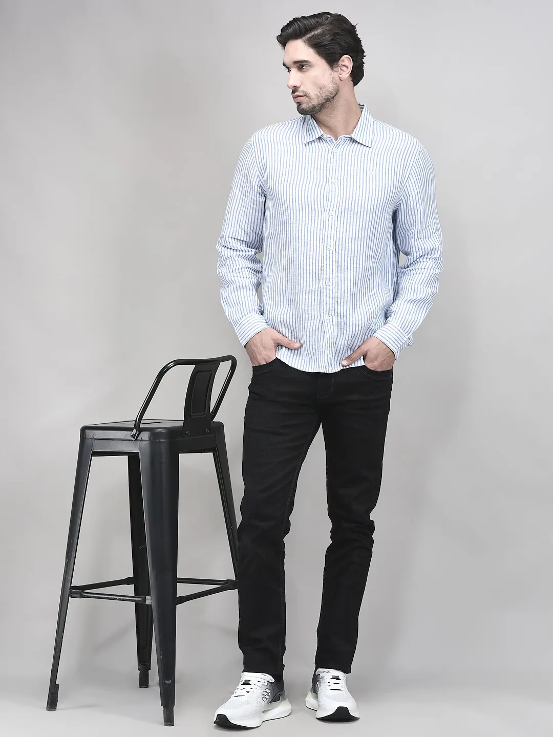 Woods Men Linen Blue White Shirt - Thumbnail 7